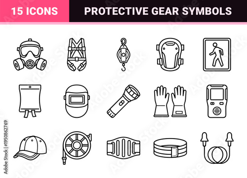 Industrial Safety Equipment and Laboratory PPE Monoline Outline Symbols for Technical Documentation and Site Compliance Signaling