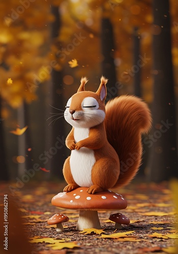 Squirrel standing on mushroom in autumn forest with falling leaves animal background animal poster background for poster