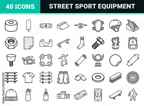 Skateboarding Equipment and Street Culture Line Art Symbols featuring Technical Monoline Deck, Truck, and Skatepark Architecture Geometry