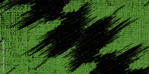 Abstract green and black grunge vector background. Dynamic design with distressed diagonal lines, halftone dots, and splatter textures, creating an energetic and edgy modern effect.Eps10
