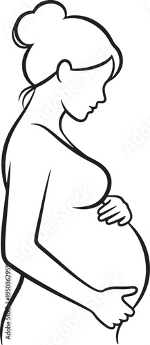 Elegant pregnant woman silhouette holding her belly. A beautiful line drawing symbolizing motherhood, anticipation, and the miracle of life.
