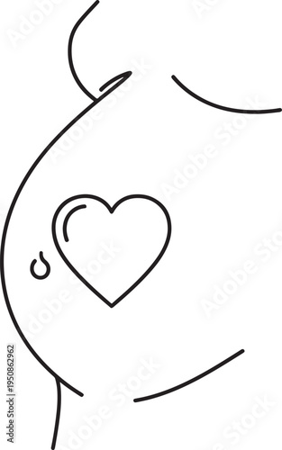Minimalist pregnant belly outline with heart symbol, representing love and new life. Simple line art illustration for baby shower or maternity themes.