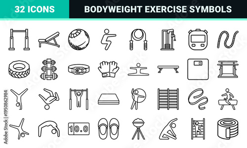Fitness Training and Bodyweight Exercise Technical Monoline Symbols featuring Minimalist Athletic Figures and Gym Equipment Outline Graphics