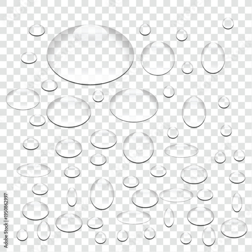 Realistic transparent dew and water drops with natural reflections and highlights. Fresh clear droplets isolated on a transparent background, perfect for nature design, moisture effects, cosmetic ads.