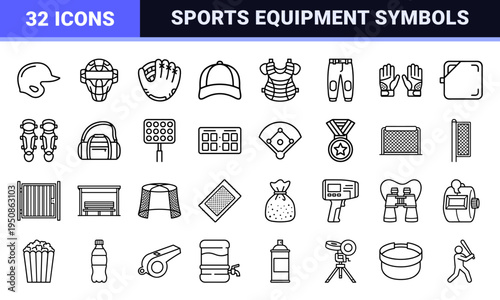 Professional Baseball Athletics Monoline Outline Icons featuring Equipment Symbols, League Gear, and Stadium Elements for Sports Design Systems