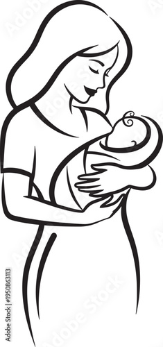 Loving mother holding her newborn baby in a tender embrace. Stylized line art illustration representing maternal care, family bond, and gentle love.