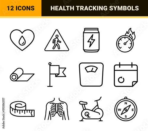 Biometric Fitness and Energy Tracking Minimalist Monoline Symbols for Health Apps and Wearable Device Interface Design UI UX Elements