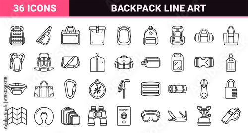 Outdoor Travel Backpacks and Equipment Monoline Symbols for Minimalist Navigation Interface and Technical Web Design Graphics