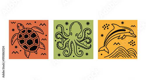 Set of 3 sea animal icons vector