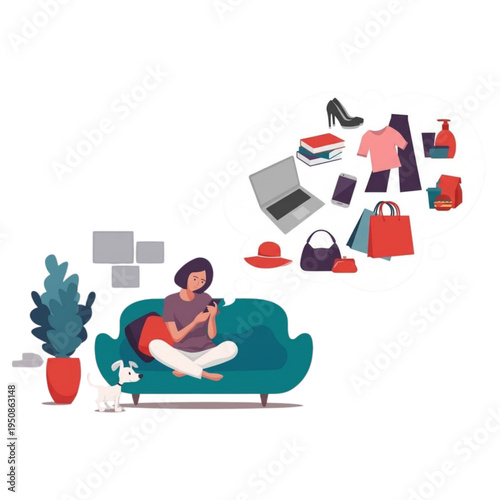 Online Shopping Concept Illustration Woman Buying Products from Smartphone at Home