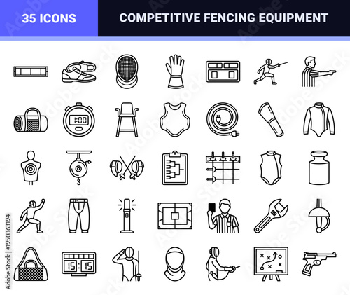 Competitive Fencing Sports Equipment and Athlete Action Outline Symbols, Monoline Technical Style for Professional Athletic Design Projects