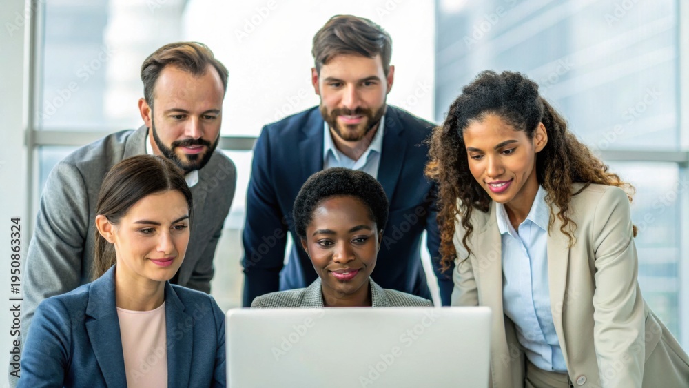Obraz premium Five diverse professionals gathered around a laptop, collaborating and engaged in a modern office setting.