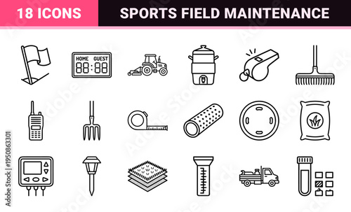 Turf Management and Sports Field Maintenance Monoline Symbols. Minimalist Technical Line Art for Landscaping and Professional Horticulture.