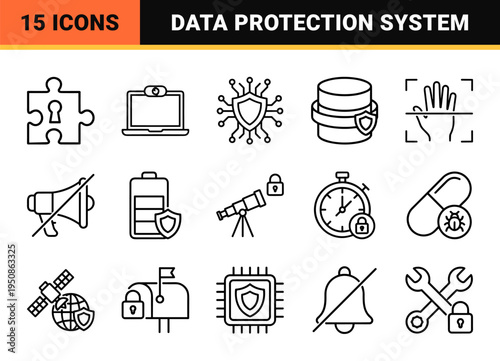 Cyber Security and Digital Data Protection Minimalist Monoline Symbols for Network Safety, Encryption, and Malware Defense Technical Asset.
