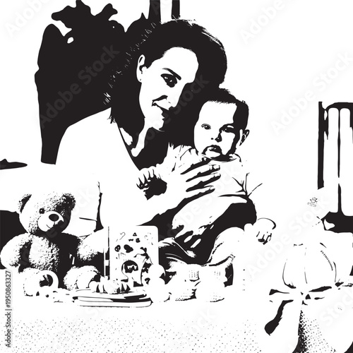 High contrast stencil art of a mother tenderly holding her baby, surrounded by teddy bears and toys. Evokes warmth, love, and childhood memories.