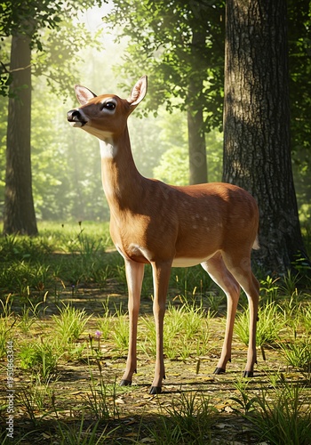 Deer standing in forest clearing surrounded by trees and green grass animal background animal poster background for poster