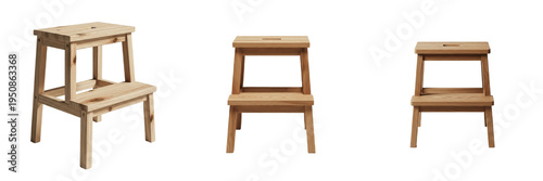 Natural Pine Wood Two Step Stool Collection, Handcrafted Timber Folding Ladder Chair Set, Multi Purpose Household Stepping Stool Grouping, Classic Wooden Furniture Isolated White Background Asset