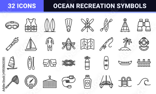 Minimalist Water Sports and Maritime Recreation Symbols in Sleek Black Monoline Style for Professional Commercial Design and Web Interfaces.