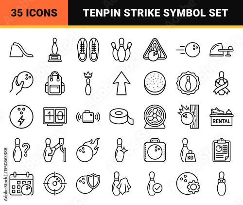 Professional Tenpin Bowling Monoline Outline Symbols for Sports Tournament Branding and Alley Signage in Minimalist Technical Vector Style