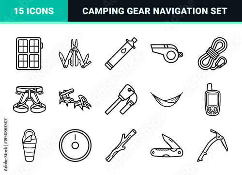 Hiking and Outdoor Adventure Line Art Set Featuring Technical Mountaineering Gear and Camping Equipment in Minimalist Monoline Style
