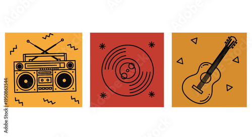 Set of 3 music icons vector, boombox, vinyl record, guitar