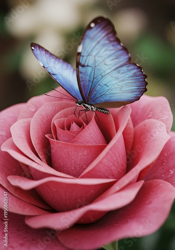 Blue butterfly on pink rose in garden with blurred background animal background animal poster background for poster