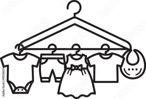 Cute baby clothes and bib on a hanger. Line art illustration of onesie, shorts, dress, and bib, symbolizing baby wardrobe and preparations for arrival.