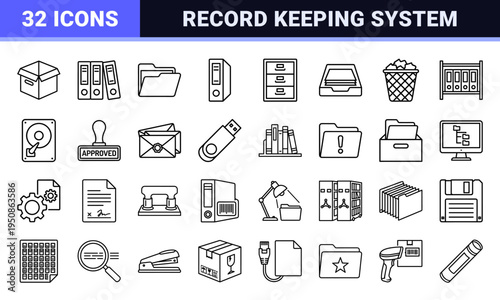 Professional Archive and Document Management Monoline Symbols for Administrative Organization and Record Keeping Solutions in Technical Line Art Style