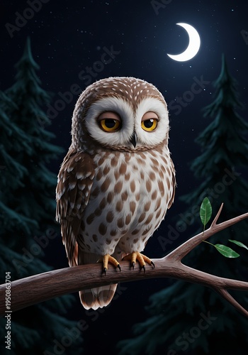 Owl perched on branch under crescent moon in forest animal background animal poster background for poster