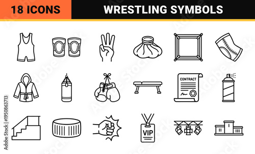 Professional Wrestling Technical Monoline Symbol Set featuring Lucha Libre Masks Championship Belts and Ring Equipment in Minimalist Outline Style