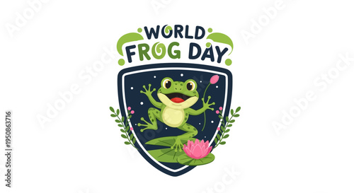 A colorful illustration of a frog on a lily pad within a shield for World Frog Day with a conservation awareness theme.