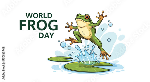 Vector illustration of a green frog jumping off a lily pad on World Frog Day with water splashes, promoting amphibian conservation awareness.