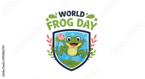 Vector illustration of a smiling cartoon frog on a shield with 'World Frog Day' text, surrounded by leaves and flowers, promoting amphibian conservation awareness with a green and blue