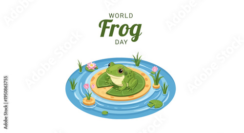 Vector illustration of a green frog on a lily pad in water with plants, celebrating World Frog Day for amphibian conservation awareness.
