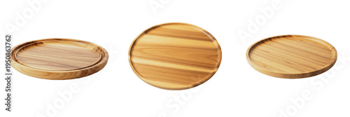 Handcrafted Wooden Serving Tray Collection, Natural Round Timber Plate Set for Appetizers and Charcuterie, Minimalist Bamboo Dining Platter Grouping Isolated on White Background Asset