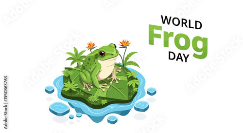 Vector illustration of a frog sitting on a lily pad with flowers and water droplets, celebrating World Frog Day for amphibian conservation awareness.