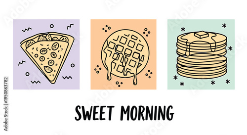 Set of 3 breakfast icons vector, sweet morning food illustrations