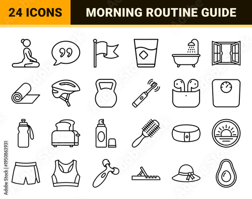 Morning Routine and Daily Wellness Monoline Symbols Featuring Fitness Exercise Motivation and Healthy Lifestyle Habits in Technical Line Art