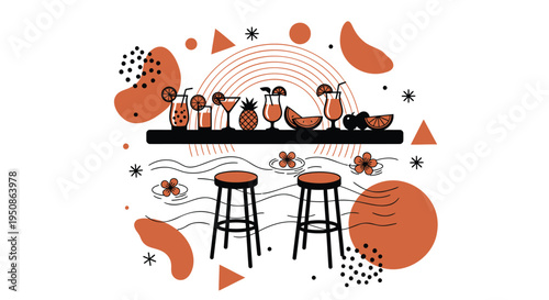 Vector illustration of 8 people sitting at a bar with orange and black abstract shapes