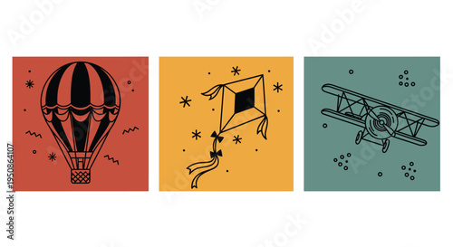 Set of 3 transportation icons vector, hot air balloon, kite, airplane