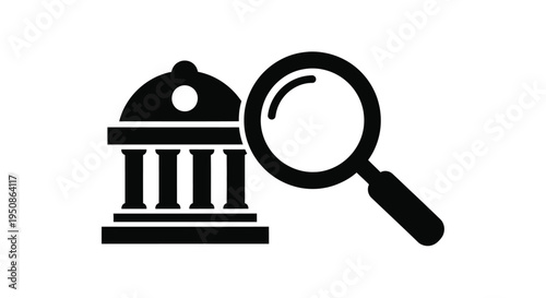 A building and magnifying glass depicted in a stark black silhouette