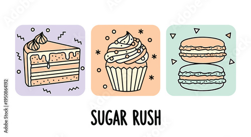 Set of 3 dessert icons vector, sugar rush theme