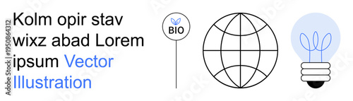 Environmental sustainability, eco-friendly innovation, renewable energy, global awareness, environmental consciousness, sustainable resources. Conceptual globe, eco light bulb, bio label icon