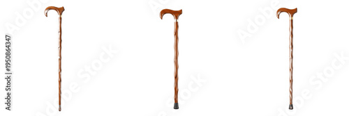 Wooden Walking Cane Set, Classic Timber Mobility Aid Collection, Carved Wood Trekking Sticks with Ergonomic Handles, Traditional Senior Support Staff Isolated on White Background 3D