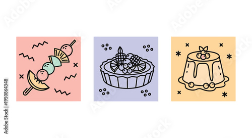 Set of 3 dessert icons vector, colorful illustrations