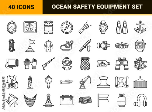 Scuba Diving and Maritime Exploration Technical Monoline Symbols for Professional Underwater Navigation and Marine Safety Equipment Signage