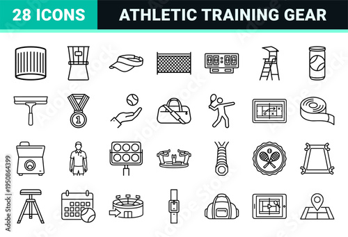 Professional Tennis Sports Monoline Symbols; Minimalist Competitive Athletics Outline Interface Elements for Tournament and Training Apps