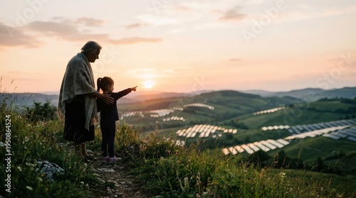 Grandmother and child looking at solar panel farm at sunset for sustainable energy future concept