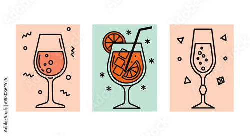 Set of 3 cocktail glass icons vector