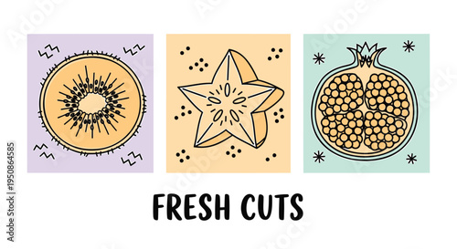 Set of 3 fruit icons vector, fresh cuts illustrations